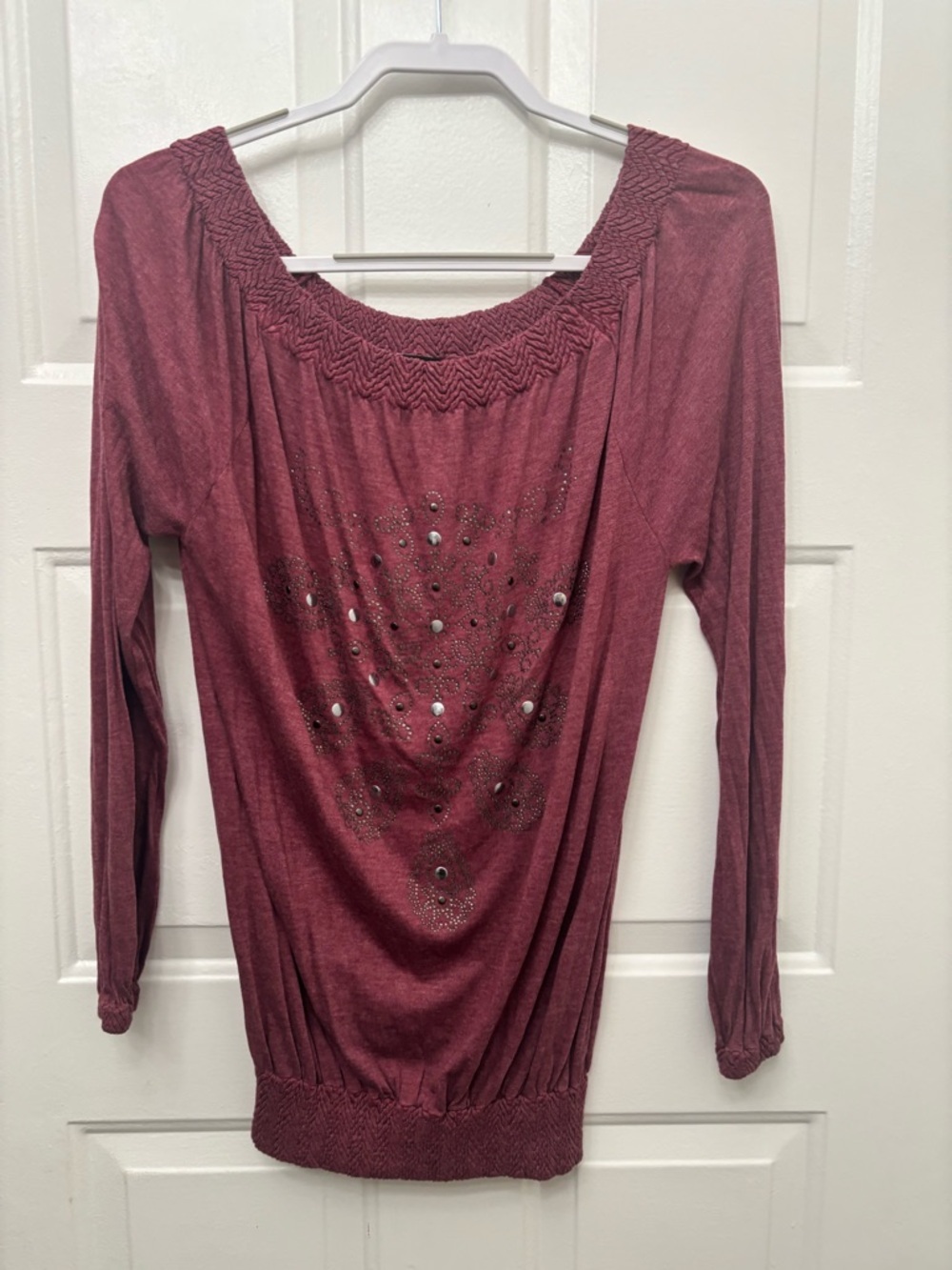 Vocal Burgundy Long Sleeve Studded Blouse
